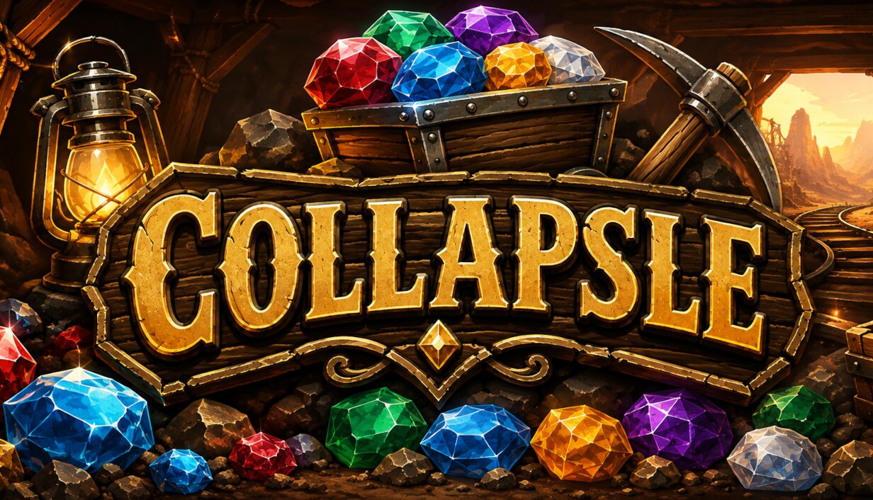 Collapsle key art: the game's logo on a wooden sign above a mine cart heaped with gems